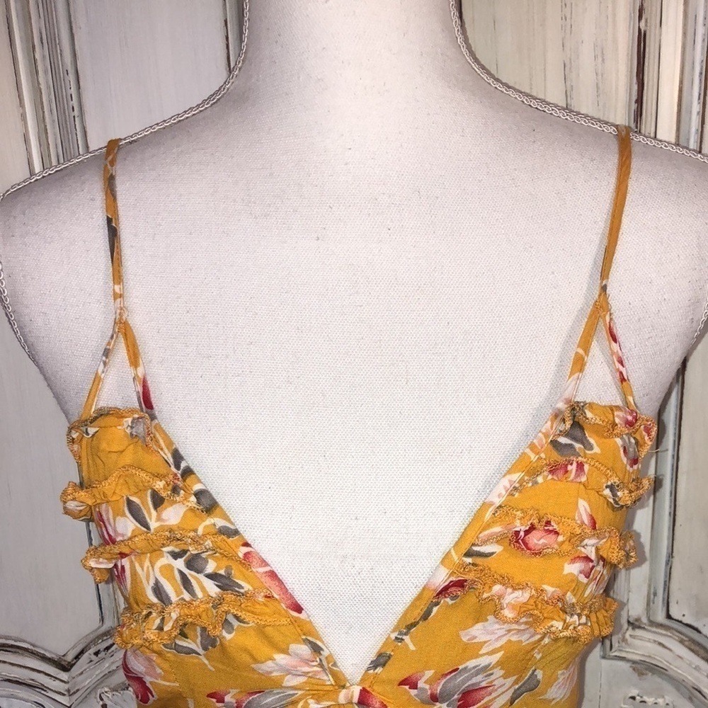 Angel Biba Mustard Color Floral Spaghetti Strap Festival Babydoll Dress Size S - Picture 3 of 13